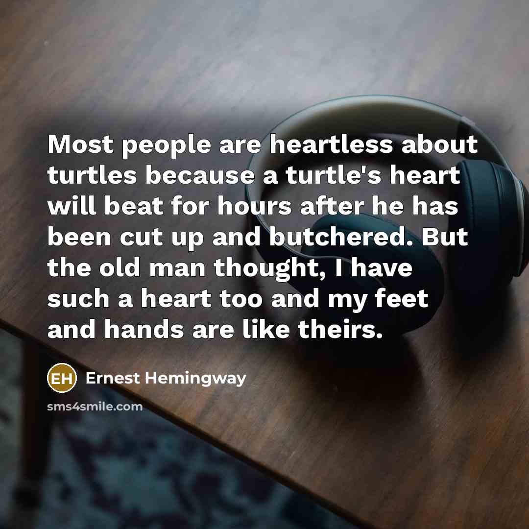 “Most people are heartless about turtles because a turtle's heart will beat for hours after he has been cut up and butchered. But the old man thought, I have such a heart too and my feet and hands are like theirs.” quote by Ernest Hemingway