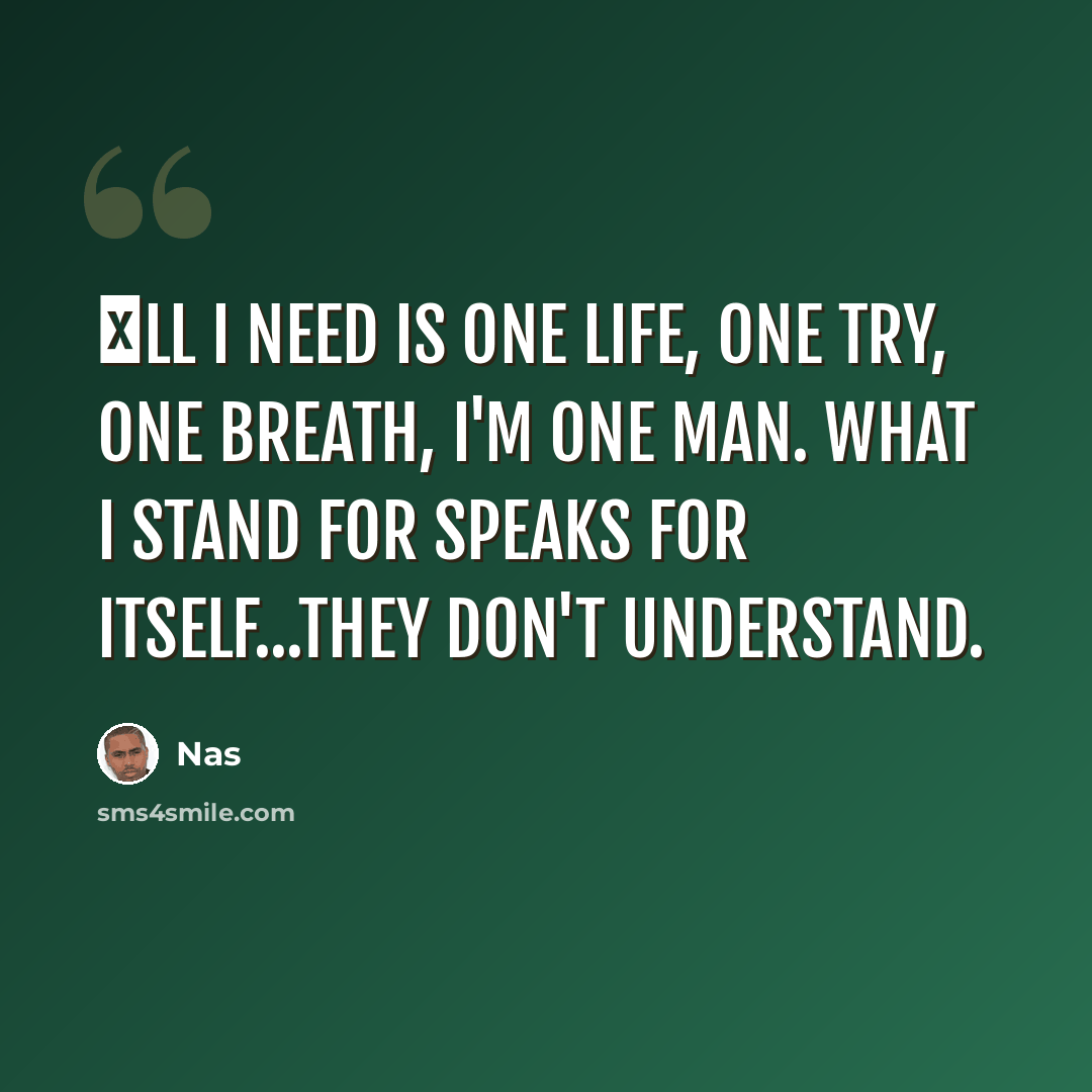 “Аll I need is one life, one try, one breath, I'm one man. What I stand for speaks for itself...they don't understand.” quote by Nas