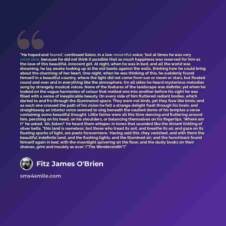 “He hoped and feared,' continued Solon, in a low. mournful voice; 'but at times he was very miserable, because he did not think it possible that so much happiness was reserved for him as the love of this beautiful, innocent girl. At night, when he was in bed, and all the world was dreaming, he lay…” quote by Fitz James O'Brien