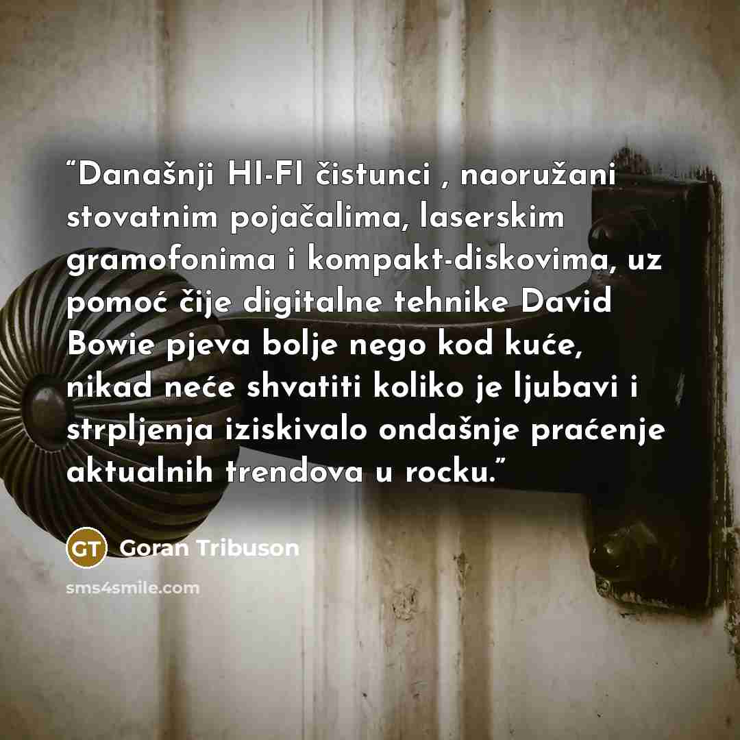 “Današnji HI-FI čistunci , naoružani stovatnim pojačalima, laserskim gramofonima i kompakt-diskovima, uz pomoć čije digitalne tehnike David Bowie pjeva bolje nego kod kuće, nikad neće shvatiti koliko je ljubavi i strpljenja iziskivalo ondašnje praćenje aktualnih trendova u rocku.” quote by Goran Tribuson