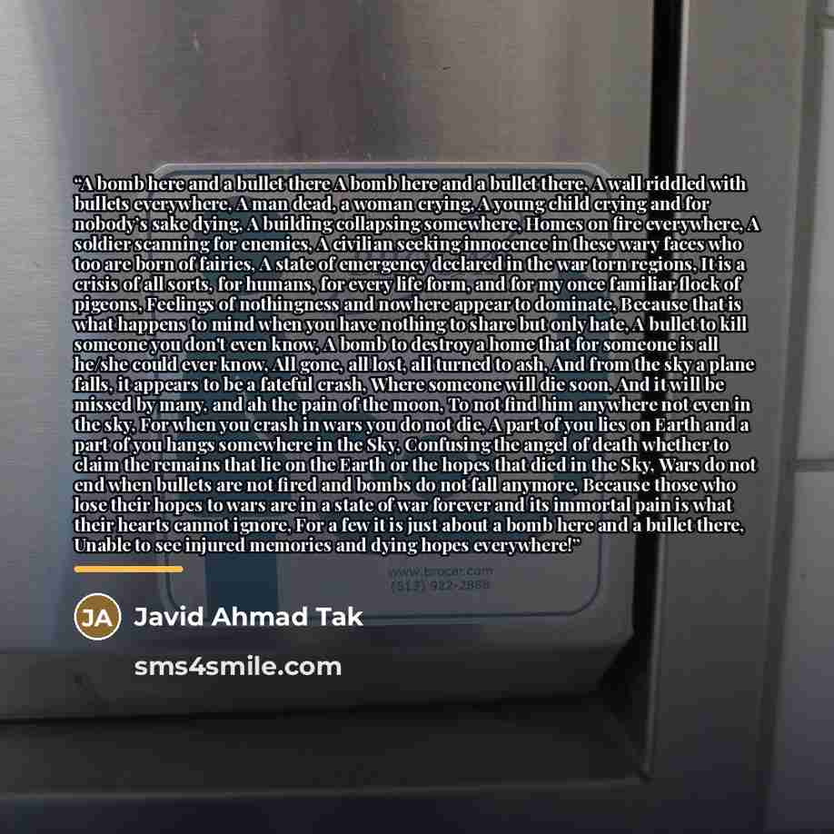 “A bomb here and a bullet there A bomb here and a bullet there, A wall riddled with bullets everywhere, A man dead, a woman crying, A young child crying and for nobody’s sake dying, A building collapsing somewhere, Homes on fire everywhere, A soldier scanning for enemies, A civilian seeking…” quote by Javid Ahmad Tak