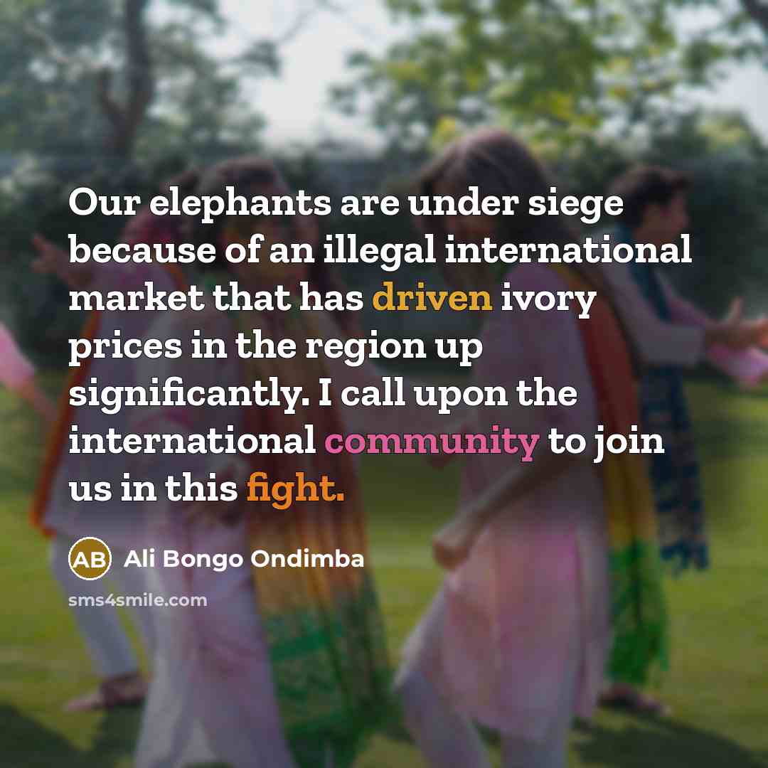 “Our elephants are under siege because of an illegal international market that has driven ivory prices in the region up significantly. I call upon the international community to join us in this fight.” quote by Ali Bongo Ondimba
