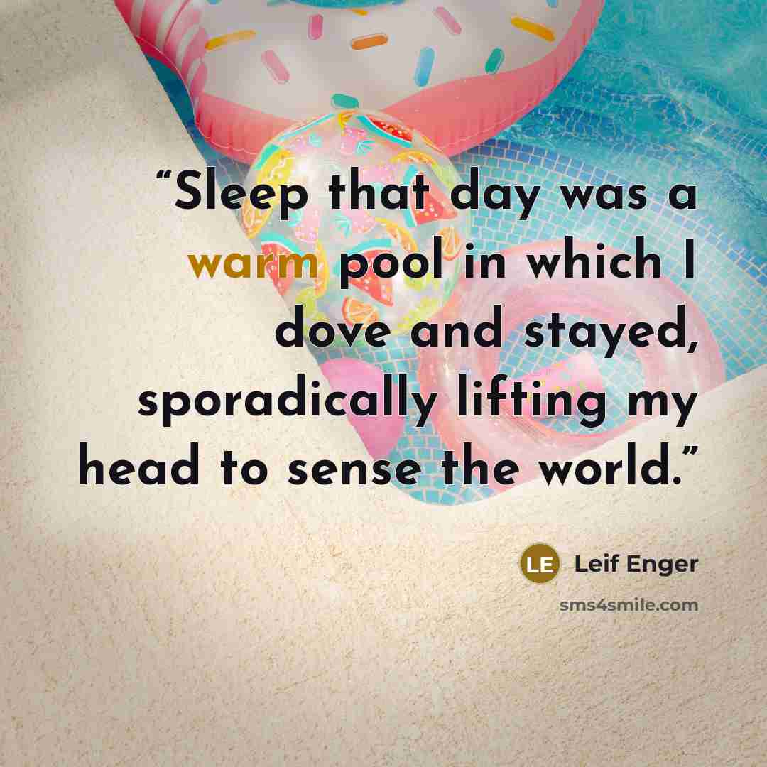 “Sleep that day was a warm pool in which I dove and stayed, sporadically lifting my head to sense the world.” quote by Leif Enger