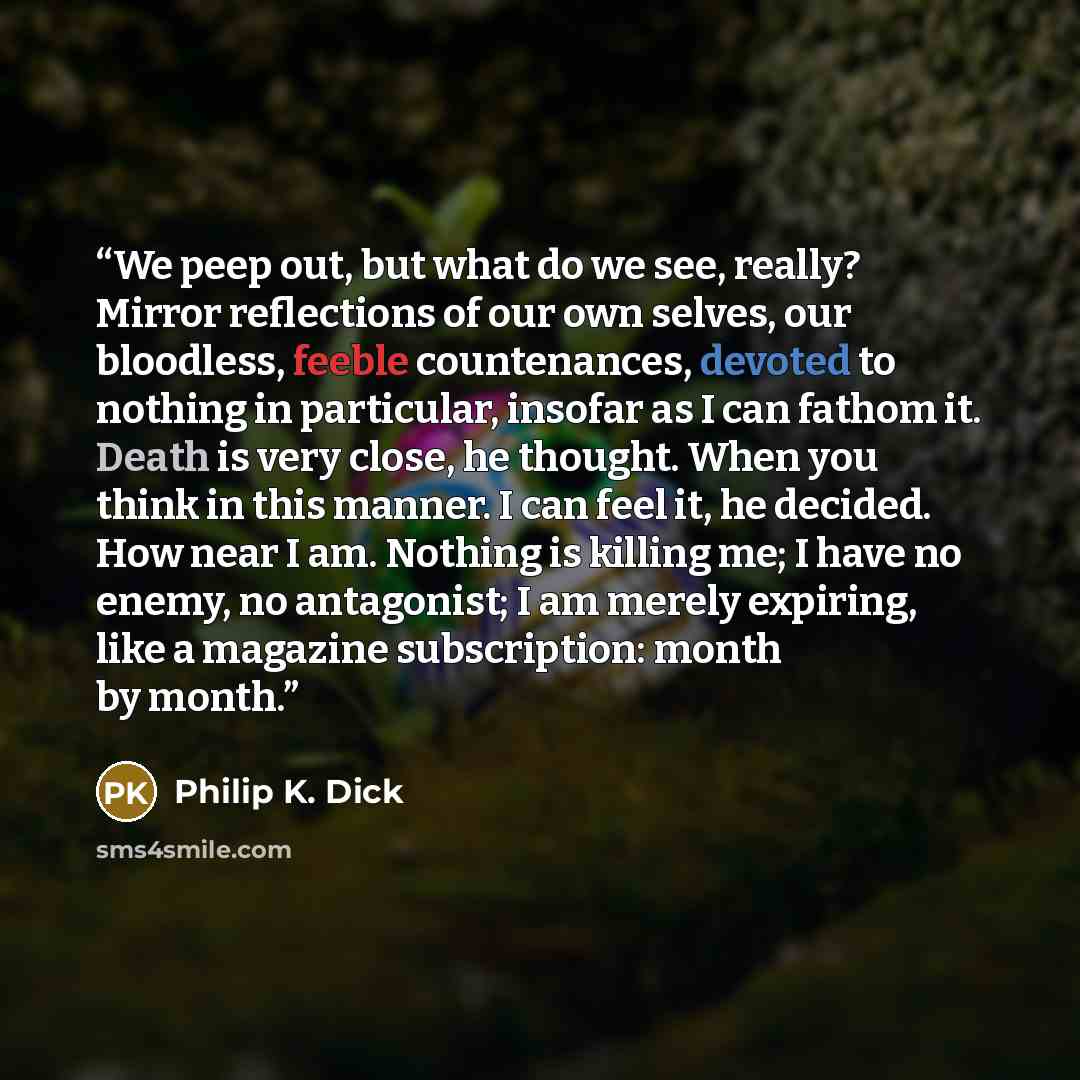 “We peep out, but what do we see, really? Mirror reflections of our own selves, our bloodless, feeble countenances, devoted to nothing in particular, insofar as I can fathom it. Death is very close, he thought. When you think in this manner. I can feel it, he decided. How near I am. Nothing is…” quote by Philip K. Dick