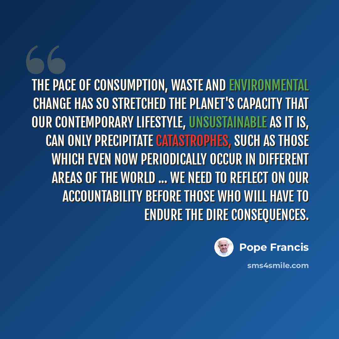 “The pace of consumption, waste and environmental change has so stretched the planet's capacity that our contemporary lifestyle, unsustainable as it is, can only precipitate catastrophes, such as those which even now periodically occur in different areas of the world ... we need to reflect on our…” quote by Pope Francis