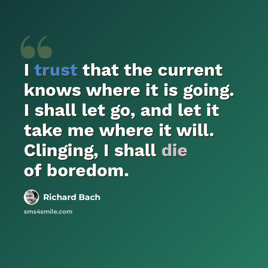 “I trust that the current knows where it is going. I shall let go, and let it take me where it will. Clinging, I shall die of boredom.” quote by Richard Bach