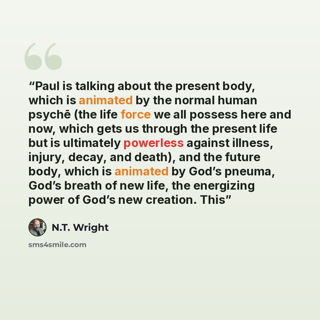 “Paul is talking about the present body, which is animated by the normal human psychē (the life force we all possess here and now, which gets us through the present life but is ultimately powerless against illness, injury, decay, and death), and the future body, which is animated by God’s pneuma…” quote by N.T. Wright