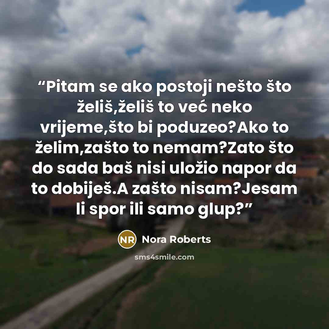 “Pitam se ako postoji nešto što želiš,želiš to već neko vrijeme,što bi poduzeo?Ako to želim,zašto to nemam?Zato što do sada baš nisi uložio napor da to dobiješ.A zašto nisam?Jesam li spor ili samo glup?” quote by Nora Roberts