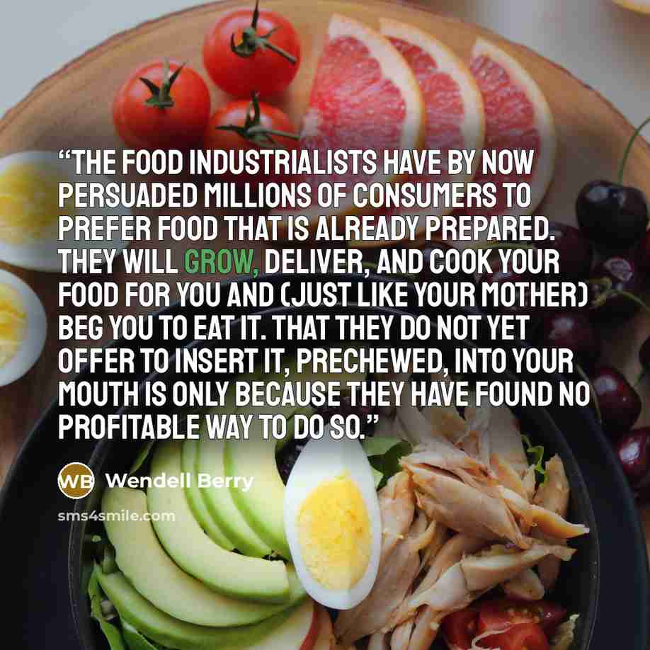 “The food industrialists have by now persuaded millions of consumers to prefer food that is already prepared. They will grow, deliver, and cook your food for you and (just like your mother) beg you to eat it. That they do not yet offer to insert it, prechewed, into your mouth is only because they…” quote by Wendell Berry