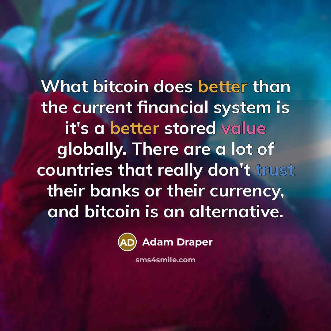 “What bitcoin does better than the current financial system is it's a better stored value globally. There are a lot of countries that really don't trust their banks or their currency, and bitcoin is an alternative.” quote by Adam Draper