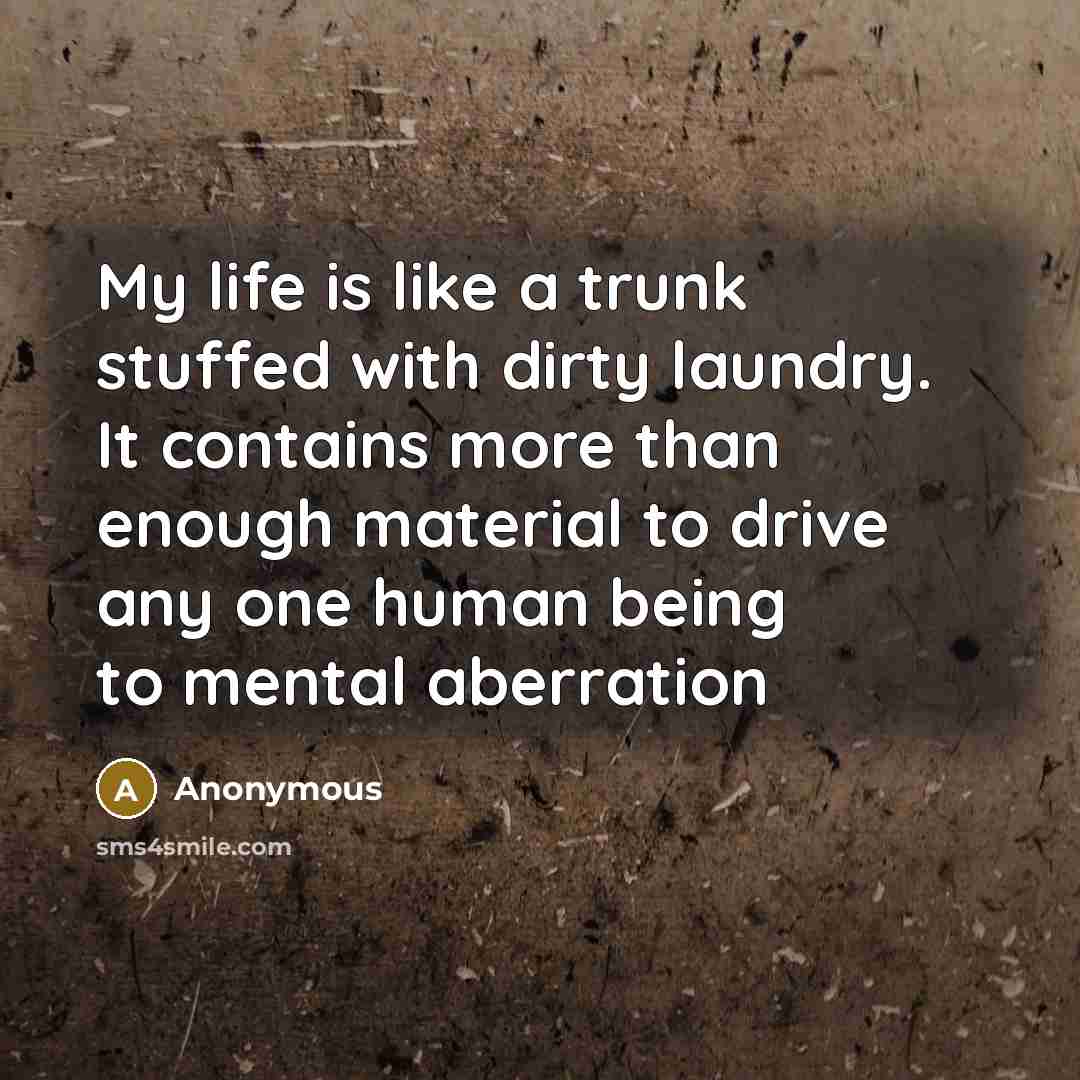 “My life is like a trunk stuffed with dirty laundry. It contains more than enough material to drive any one human being to mental aberration” quote by Anonymous