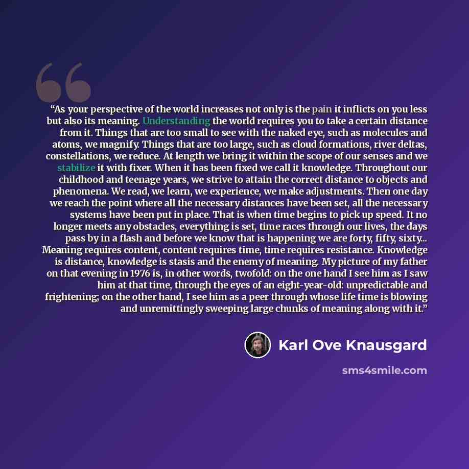 “As your perspective of the world increases not only is the pain it inflicts on you less but also its meaning. Understanding the world requires you to take a certain distance from it. Things that are too small to see with the naked eye, such as molecules and atoms, we magnify. Things that are too…” quote by Karl Ove Knausgård