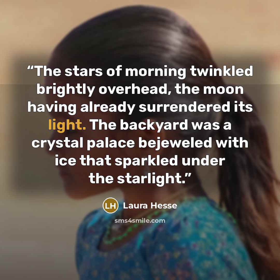 “The stars of morning twinkled brightly overhead, the moon having already surrendered its light. The backyard was a crystal palace bejeweled with ice that sparkled under the starlight.” quote by Laura Hesse