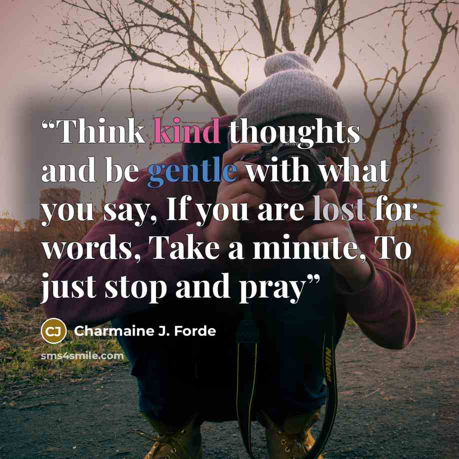 “Think kind thoughts and be gentle with what you say, If you are lost for words, Take a minute, To just stop and pray” quote by Charmaine J. Forde
