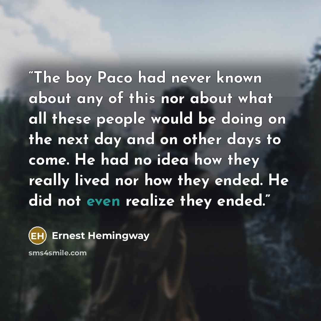 “The boy Paco had never known about any of this nor about what all these people would be doing on the next day and on other days to come. He had no idea how they really lived nor how they ended. He did not even realize they ended.” quote by Ernest Hemingway