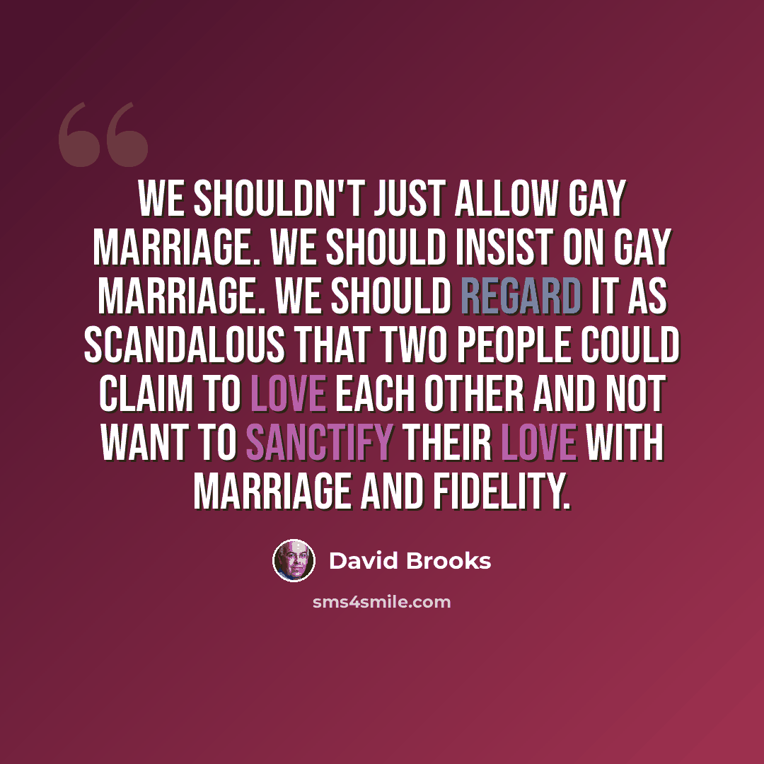 “We shouldn't just allow gay marriage. We should insist on gay marriage. We should regard it as scandalous that two people could claim to love each other and not want to sanctify their love with marriage and fidelity.” quote by David Brooks