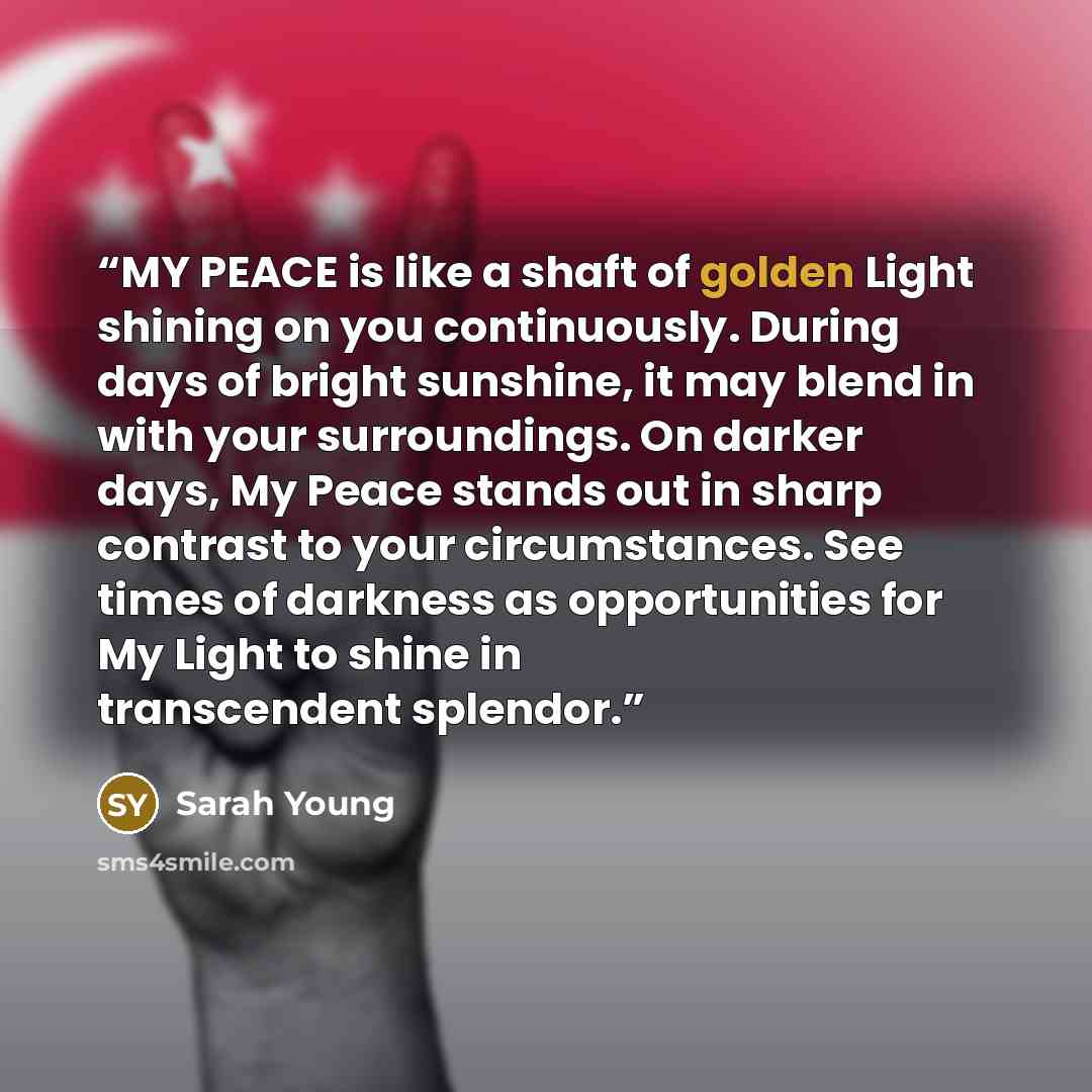 “MY PEACE is like a shaft of golden Light shining on you continuously. During days of bright sunshine, it may blend in with your surroundings. On darker days, My Peace stands out in sharp contrast to your circumstances. See times of darkness as opportunities for My Light to shine in transcendent…” quote by Sarah Young