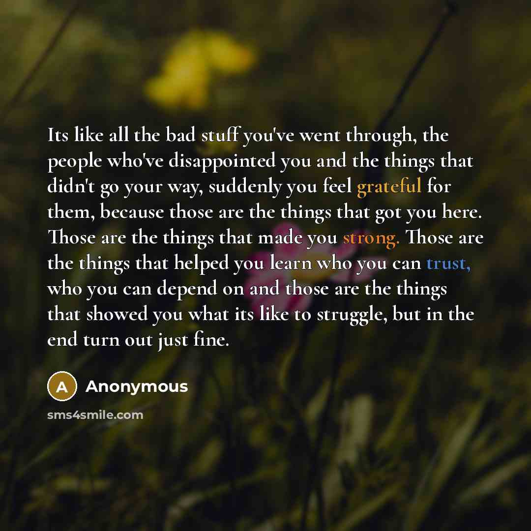 “Its like all the bad stuff you've went through, the people who've disappointed you and the things that didn't go your way, suddenly you feel grateful for them, because those are the things that got you here. Those are the things that made you strong. Those are the things that helped you learn who…” quote by Anonymous