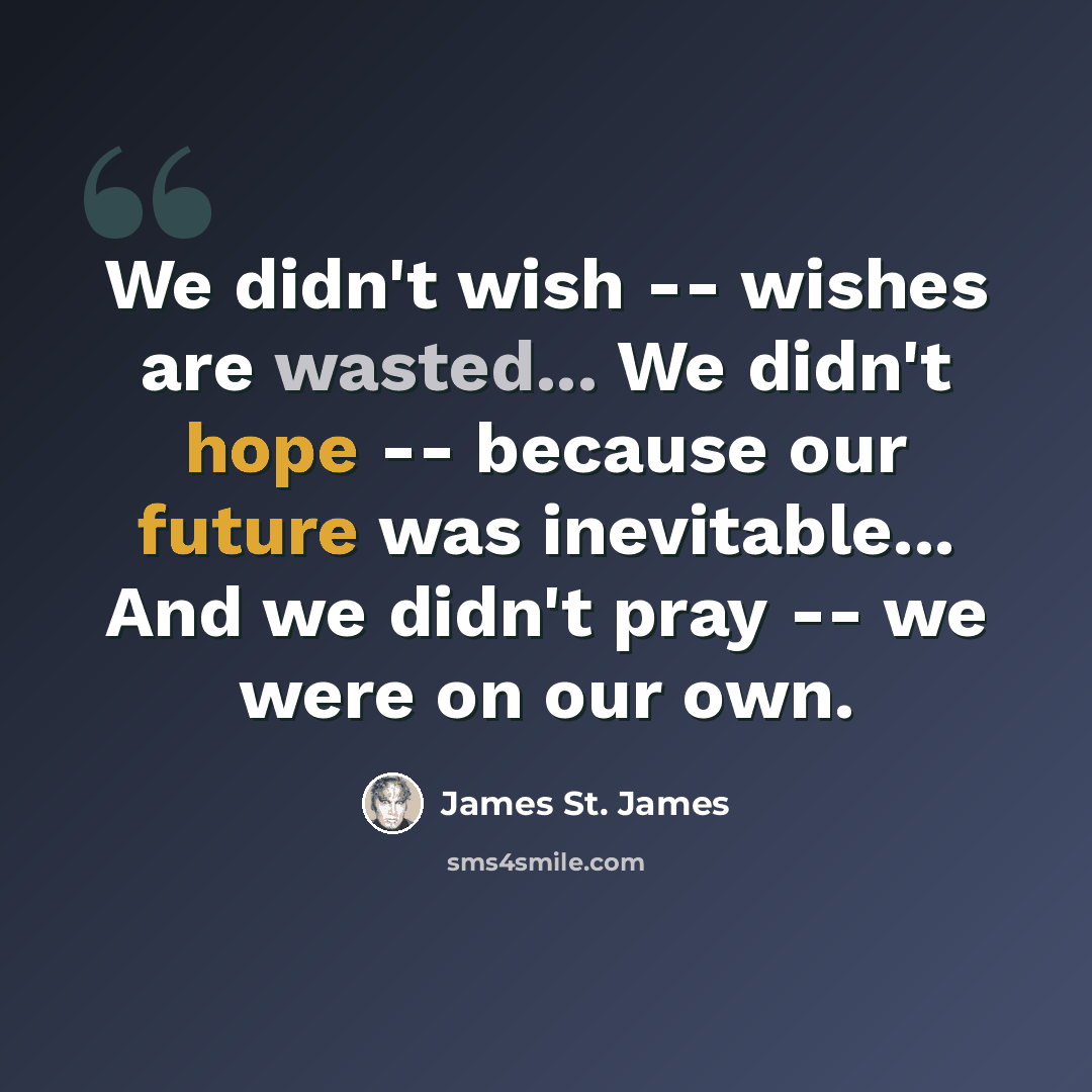 “We didn't wish -- wishes are wasted... We didn't hope -- because our future was inevitable... And we didn't pray -- we were on our own.” quote by James St. James
