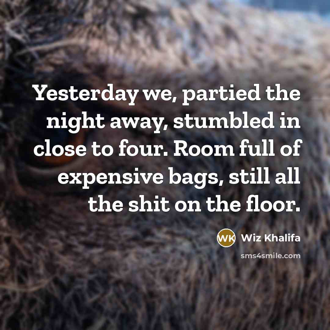 “Yesterday we, partied the night away, stumbled in close to four. Room full of expensive bags, still all the shit on the floor.” quote by Wiz Khalifa