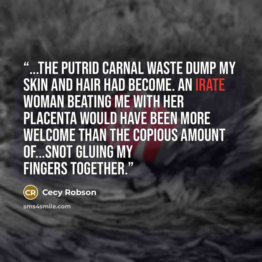 “...the putrid carnal waste dump my skin and hair had become. An irate woman beating me with her placenta would have been more welcome than the copious amount of...snot gluing my fingers together.” quote by Cecy Robson