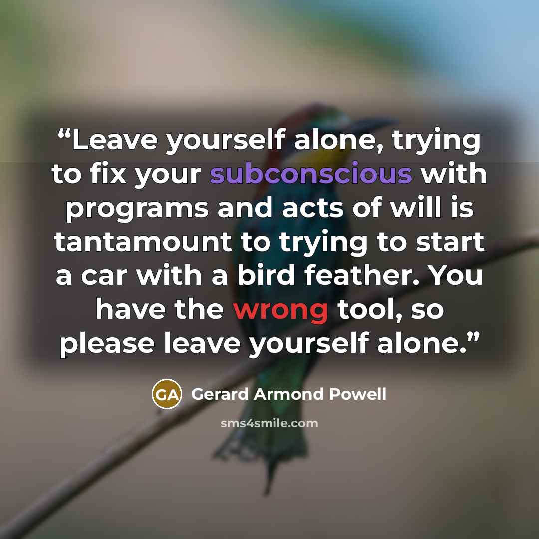 “Leave yourself alone, trying to fix your subconscious with programs and acts of will is tantamount to trying to start a car with a bird feather. You have the wrong tool, so please leave yourself alone.” quote by Gerard Armond Powell