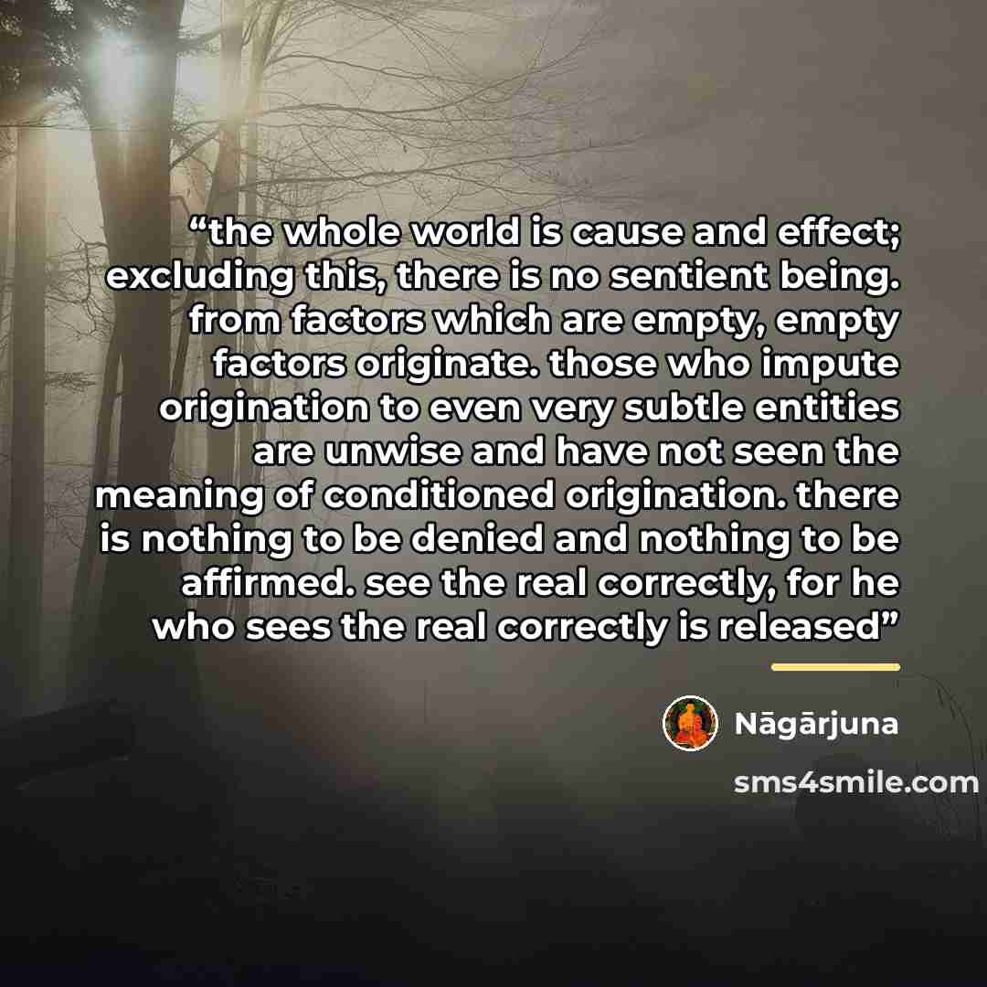 “the whole world is cause and effect; excluding this, there is no sentient being. from factors which are empty, empty factors originate. those who impute origination to even very subtle entities are unwise and have not seen the meaning of conditioned origination. there is nothing to be denied and…” quote by nagarjuna