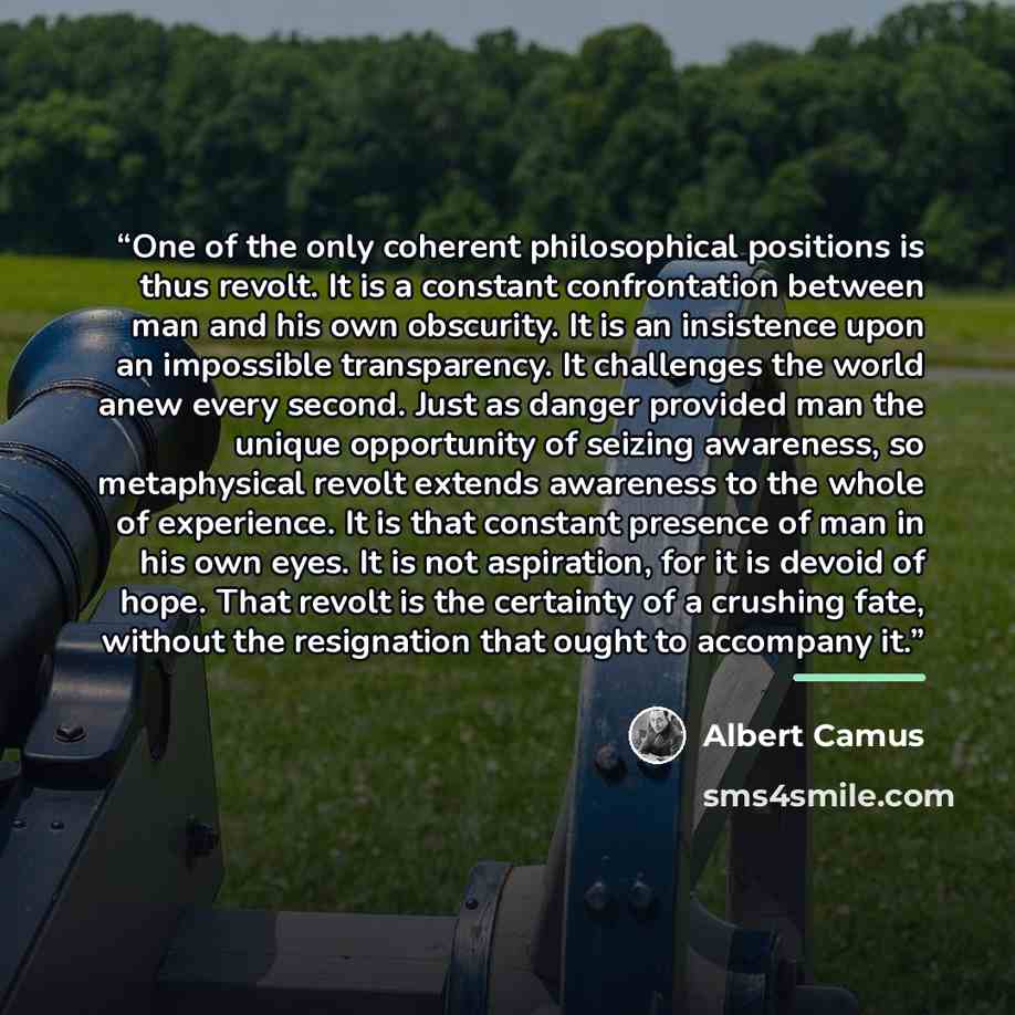 “One of the only coherent philosophical positions is thus revolt. It is a constant confrontation between man and his own obscurity. It is an insistence upon an impossible transparency. It challenges the world anew every second. Just as danger provided man the unique opportunity of seizing…” quote by Albert Camus