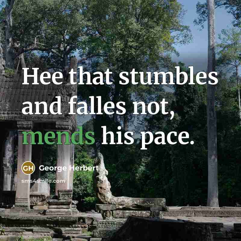“Hee that stumbles and falles not, mends his pace.” quote by George Herbert