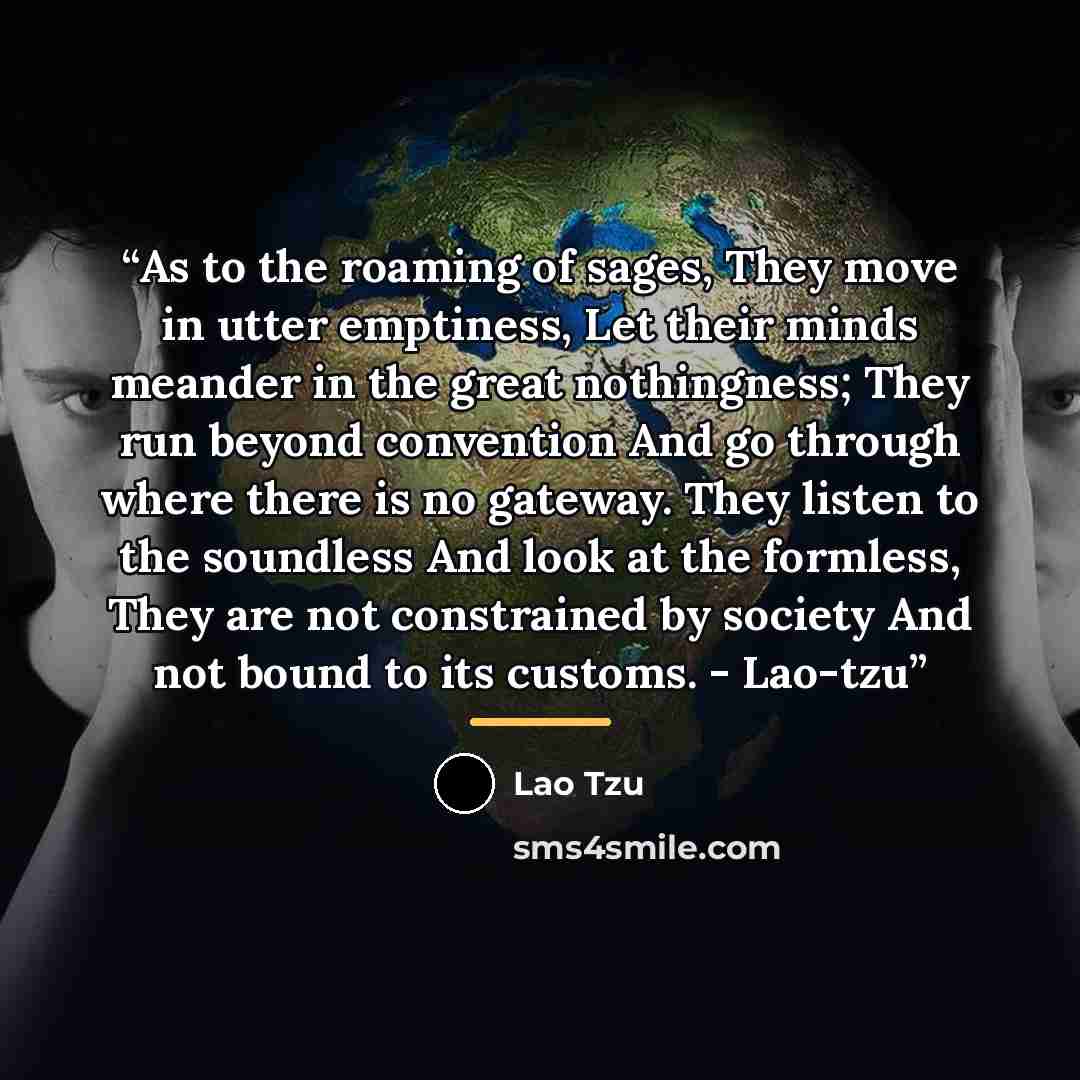 “As to the roaming of sages, They move in utter emptiness, Let their minds meander in the great nothingness; They run beyond convention And go through where there is no gateway. They listen to the soundless And look at the formless, They are not constrained by society And not bound to its customs…” quote by Lao Tzu