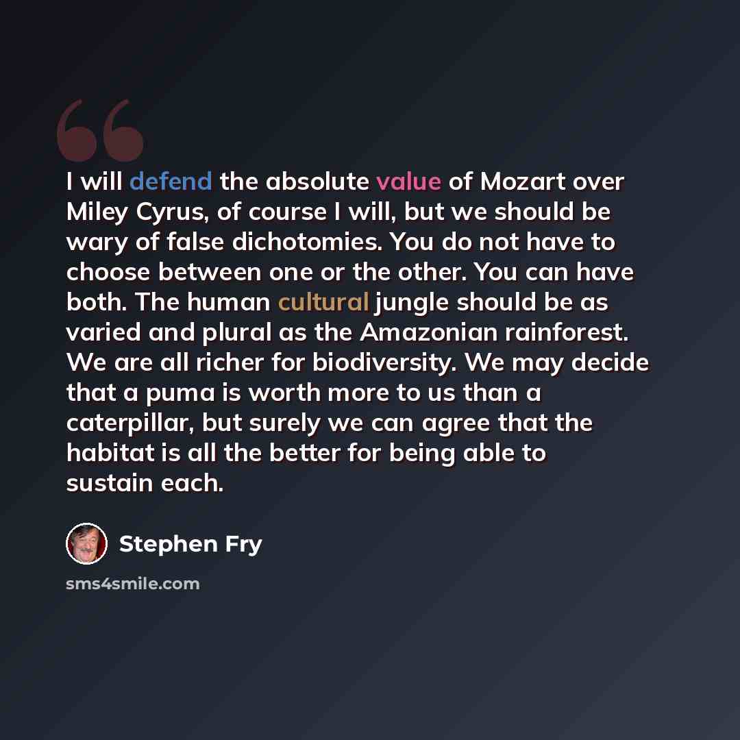 “I will defend the absolute value of Mozart over Miley Cyrus, of course I will, but we should be wary of false dichotomies. You do not have to choose between one or the other. You can have both. The human cultural jungle should be as varied and plural as the Amazonian rainforest. We are all richer…” quote by Stephen Fry