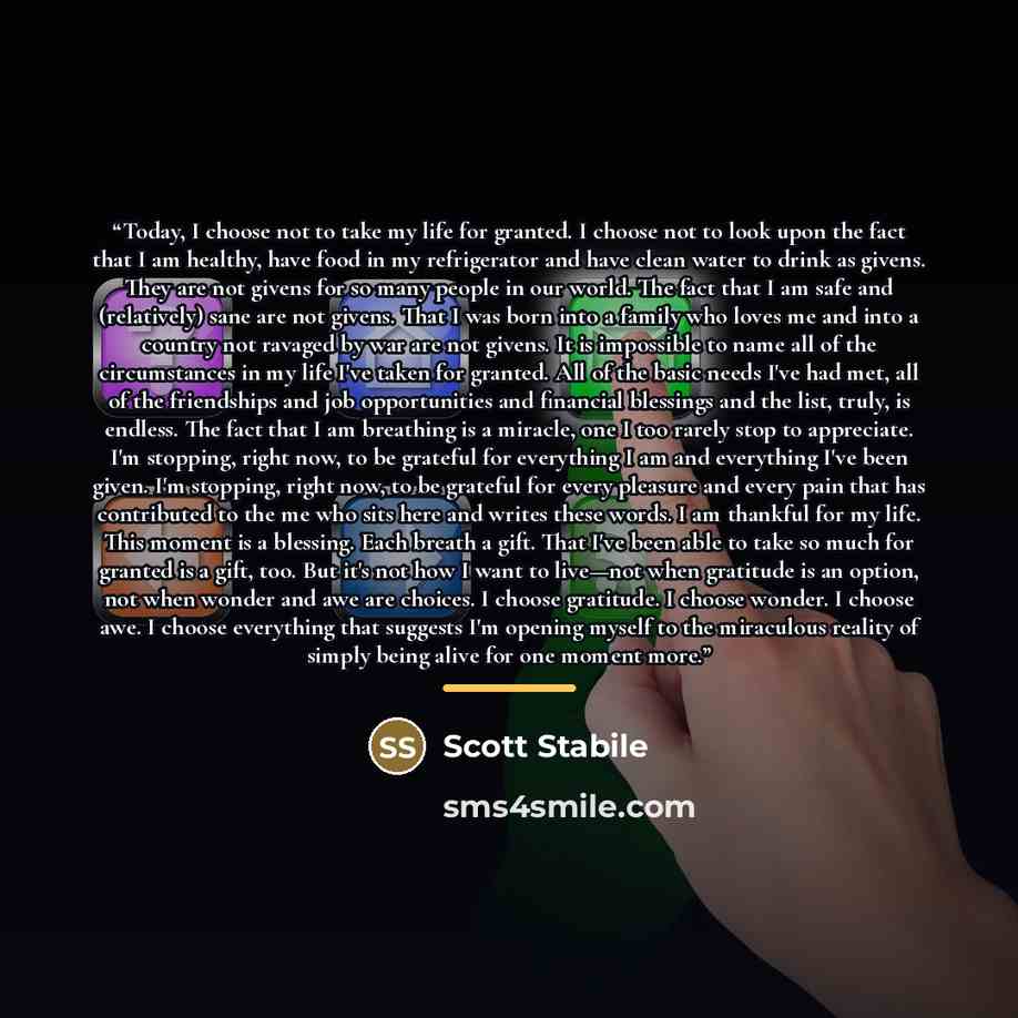 “Today, I choose not to take my life for granted. I choose not to look upon the fact that I am healthy, have food in my refrigerator and have clean water to drink as givens. They are not givens for so many people in our world. The fact that I am safe and (relatively) sane are not givens. That I was…” quote by Scott Stabile