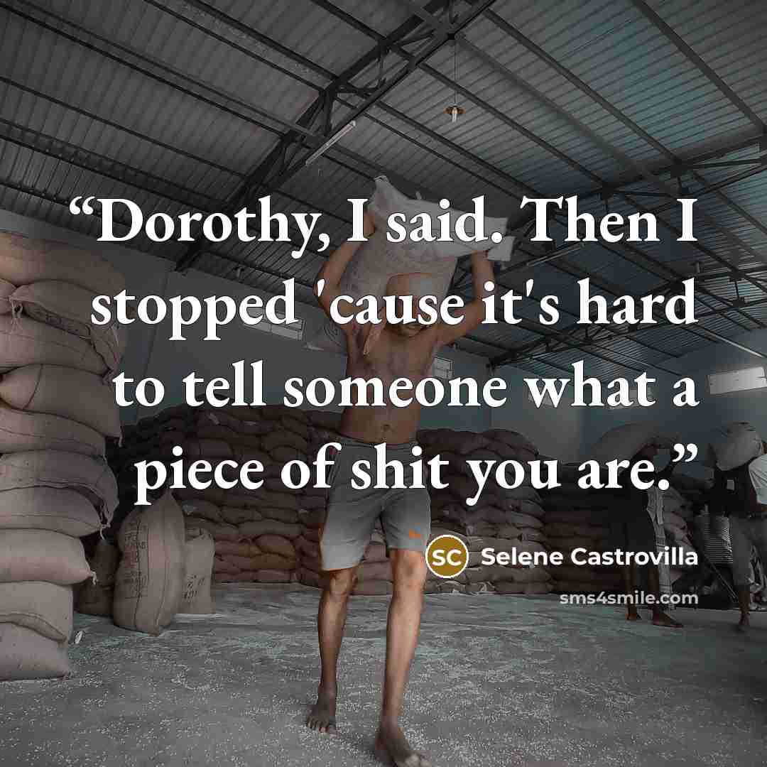 “Dorothy, I said. Then I stopped 'cause it's hard to tell someone what a piece of shit you are.” quote by Selene Castrovilla