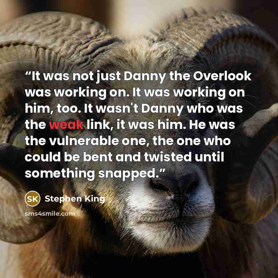 “It was not just Danny the Overlook was working on. It was working on him, too. It wasn't Danny who was the weak link, it was him. He was the vulnerable one, the one who could be bent and twisted until something snapped.” quote by Stephen King