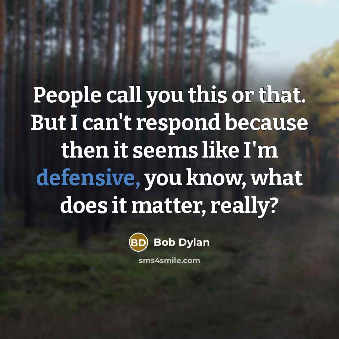 “People call you this or that. But I can't respond because then it seems like I'm defensive, you know, what does it matter, really?” quote by Bob Dylan