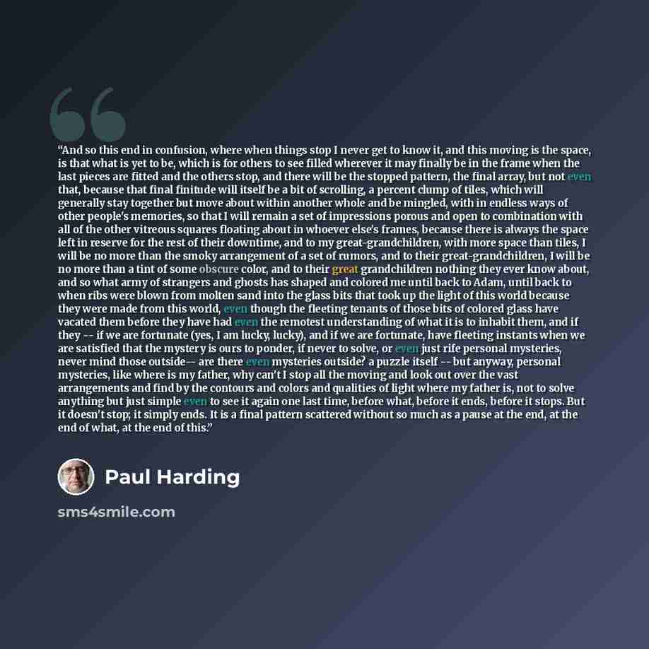 “And so this end in confusion, where when things stop I never get to know it, and this moving is the space, is that what is yet to be, which is for others to see filled wherever it may finally be in the frame when the last pieces are fitted and the others stop, and there will be the stopped…” quote by Paul Harding