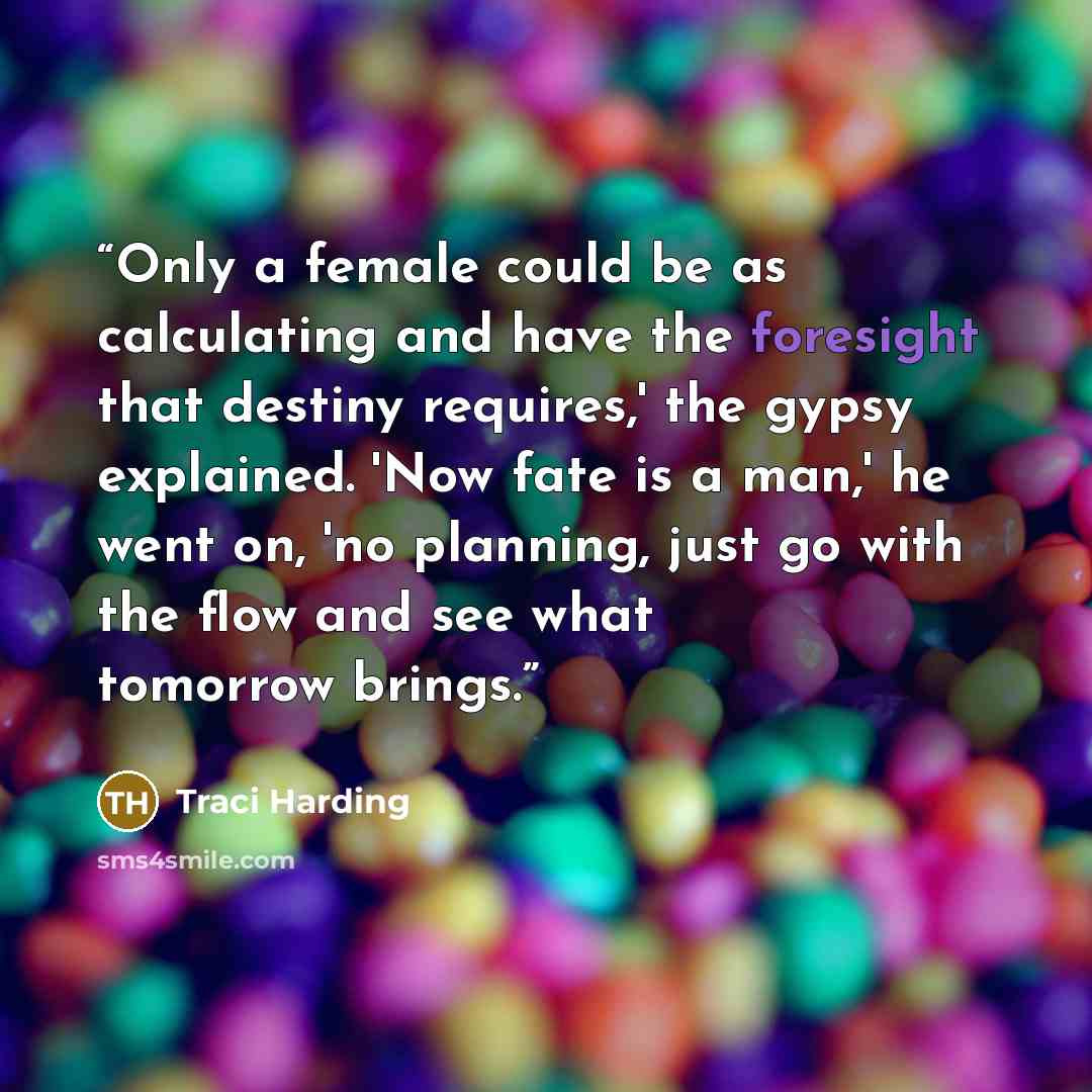 “Only a female could be as calculating and have the foresight that destiny requires,' the gypsy explained. 'Now fate is a man,' he went on, 'no planning, just go with the flow and see what tomorrow brings.” quote by Traci Harding