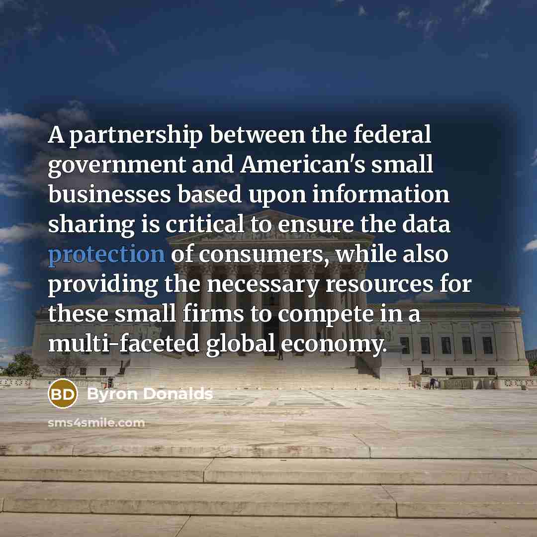 “A partnership between the federal government and American's small businesses based upon information sharing is critical to ensure the data protection of consumers, while also providing the necessary resources for these small firms to compete in a multi-faceted global economy.” quote by Byron Donalds