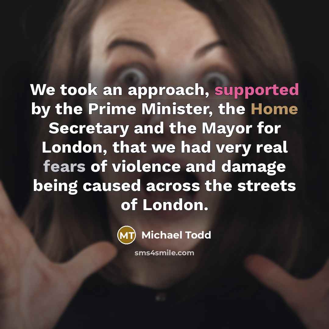 “We took an approach, supported by the Prime Minister, the Home Secretary and the Mayor for London, that we had very real fears of violence and damage being caused across the streets of London.” quote by Michael Todd