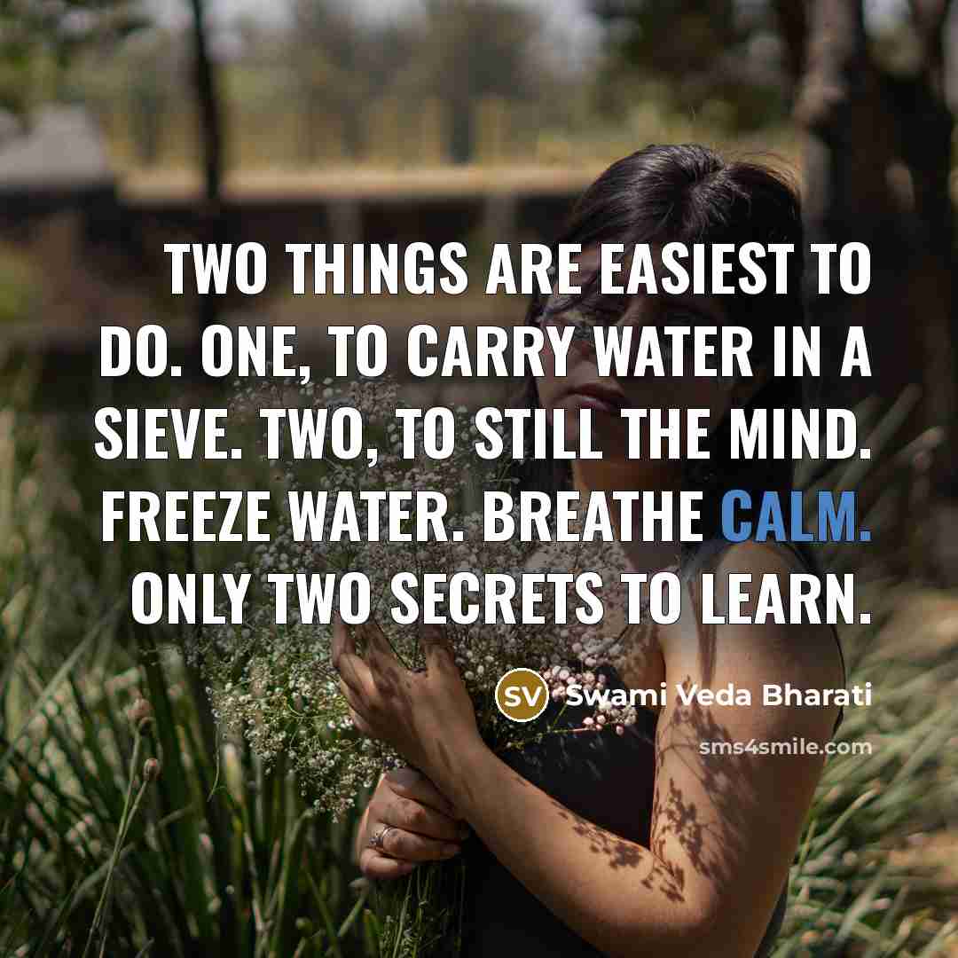 “Two things are easiest to do. One, to carry water in a sieve. Two, to still the mind. Freeze water. Breathe calm. Only two secrets to learn.” quote by Swami Veda Bharati