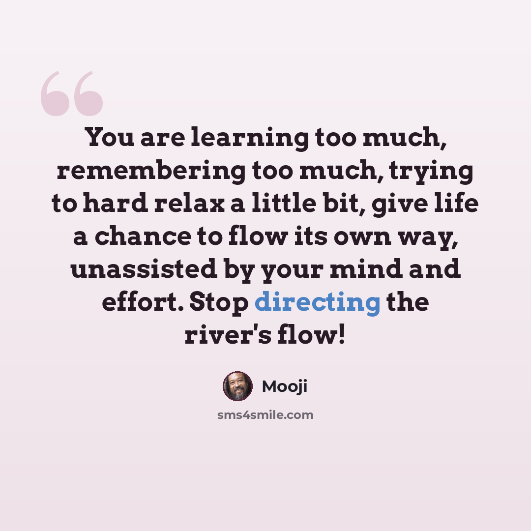 “You are learning too much, remembering too much, trying to hard relax a little bit, give life a chance to flow its own way, unassisted by your mind and effort. Stop directing the river's flow!” quote by Mooji