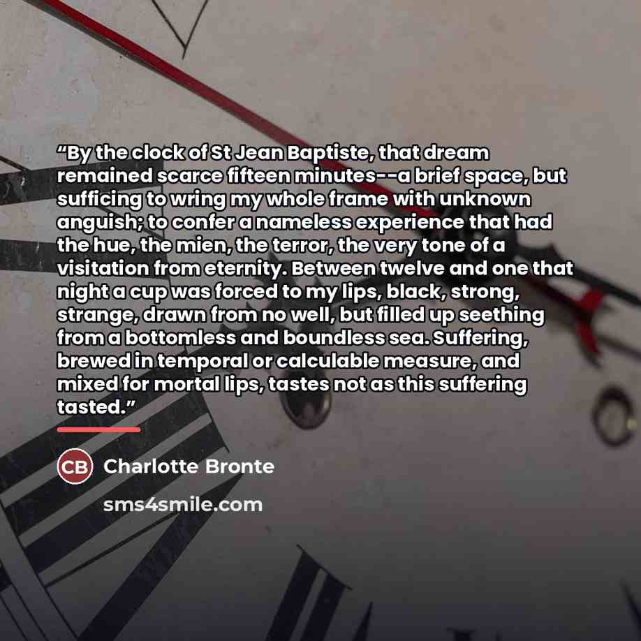 “By the clock of St Jean Baptiste, that dream remained scarce fifteen minutes--a brief space, but sufficing to wring my whole frame with unknown anguish; to confer a nameless experience that had the hue, the mien, the terror, the very tone of a visitation from eternity. Between twelve and one that…” quote by Charlotte Brontë