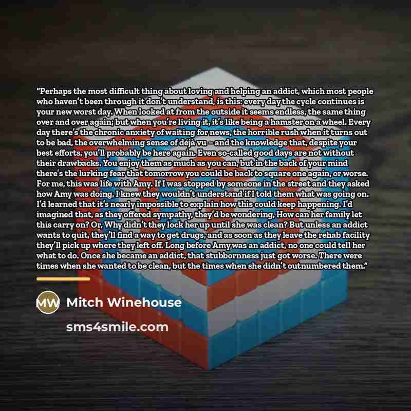 “Perhaps the most difficult thing about loving and helping an addict, which most people who haven’t been through it don’t understand, is this: every day the cycle continues is your new worst day. When looked at from the outside it seems endless, the same thing over and over again; but when you’re…” quote by Mitch Winehouse