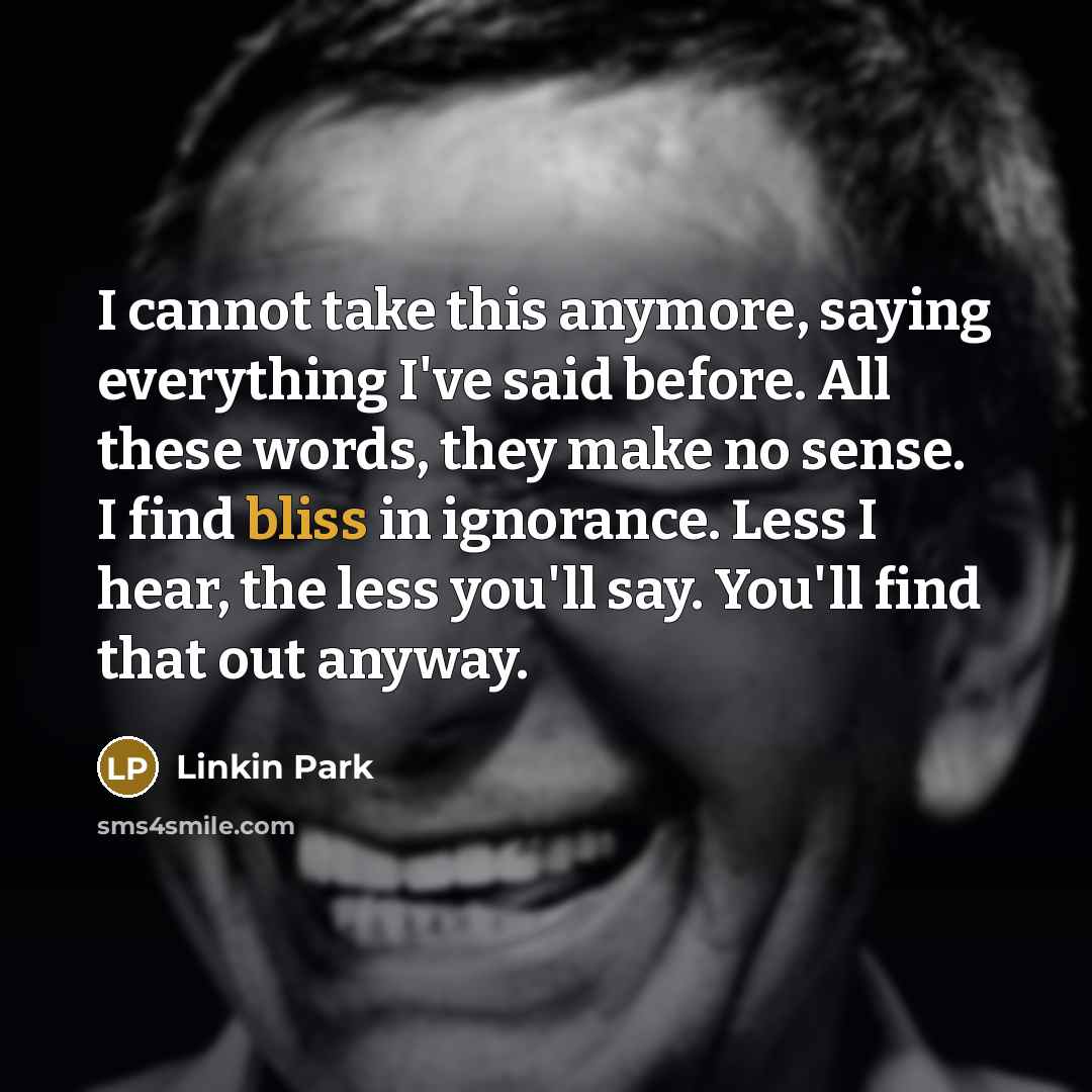 “I cannot take this anymore, saying everything I've said before. All these words, they make no sense. I find bliss in ignorance. Less I hear, the less you'll say. You'll find that out anyway.” quote by Linkin Park