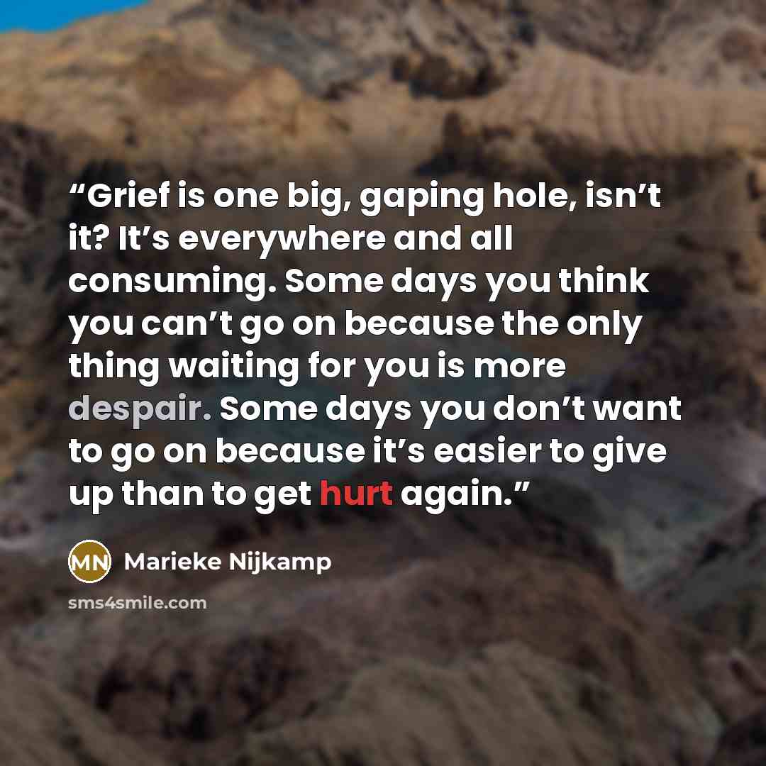“Grief is one big, gaping hole, isn’t it? It’s everywhere and all consuming. Some days you think you can’t go on because the only thing waiting for you is more despair. Some days you don’t want to go on because it’s easier to give up than to get hurt again.” quote by Marieke Nijkamp
