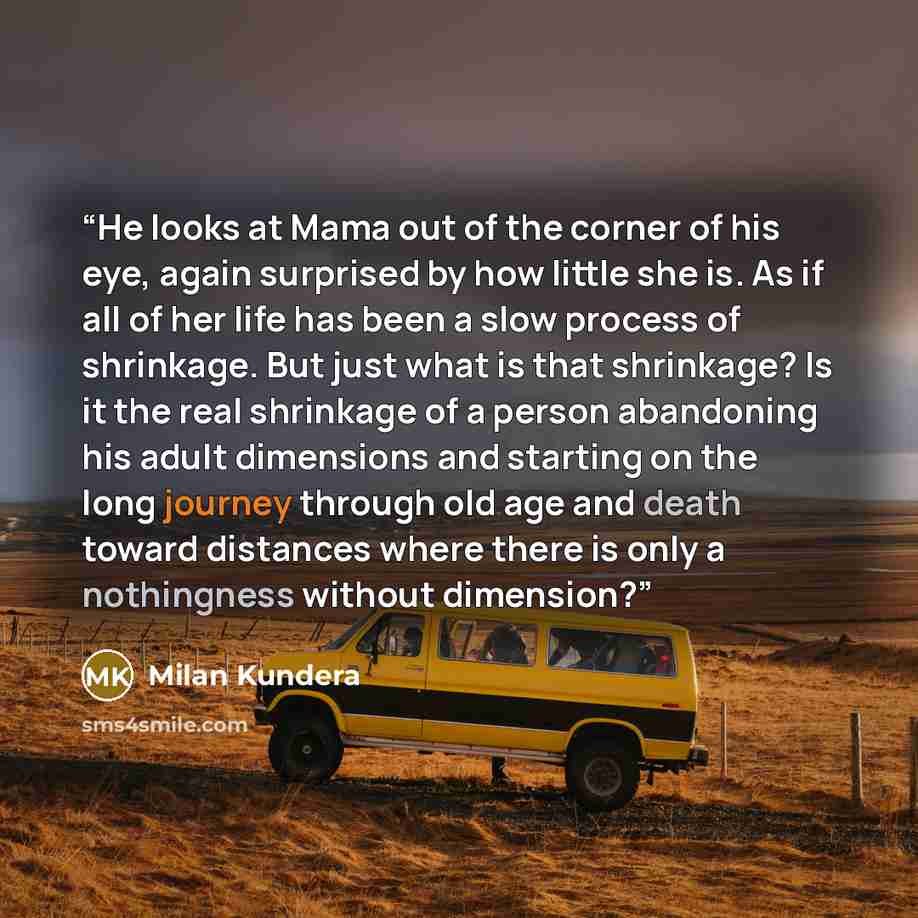 “He looks at Mama out of the corner of his eye, again surprised by how little she is. As if all of her life has been a slow process of shrinkage. But just what is that shrinkage? Is it the real shrinkage of a person abandoning his adult dimensions and starting on the long journey through old age…” quote by Milan Kundera