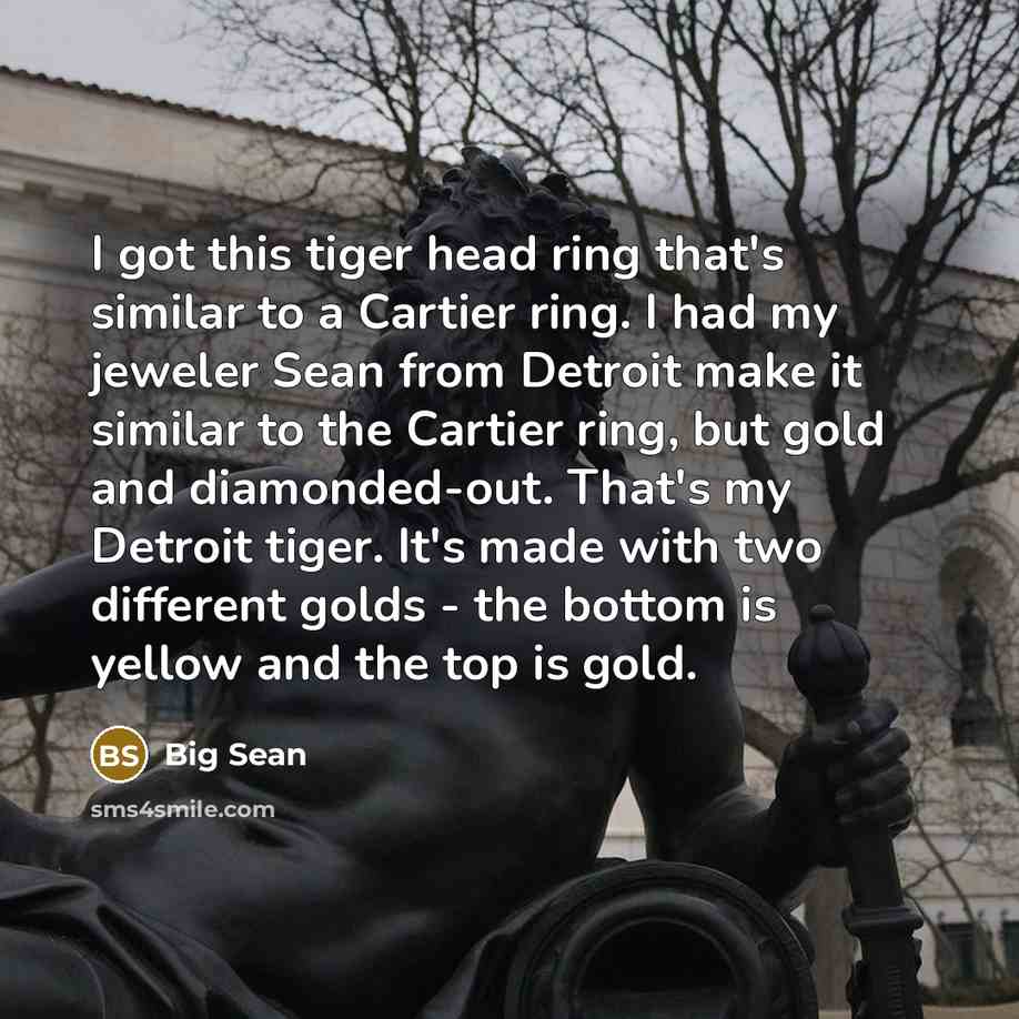 “I got this tiger head ring that's similar to a Cartier ring. I had my jeweler Sean from Detroit make it similar to the Cartier ring, but gold and diamonded-out. That's my Detroit tiger. It's made with two different golds - the bottom is yellow and the top is gold.” quote by Big Sean