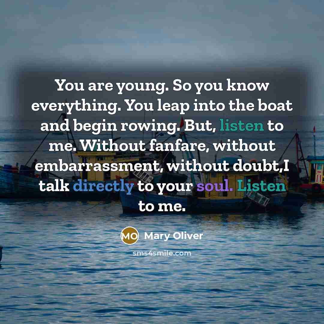 “You are young. So you know everything. You leap into the boat and begin rowing. But, listen to me. Without fanfare, without embarrassment, without doubt,I talk directly to your soul. Listen to me.” quote by Mary Oliver