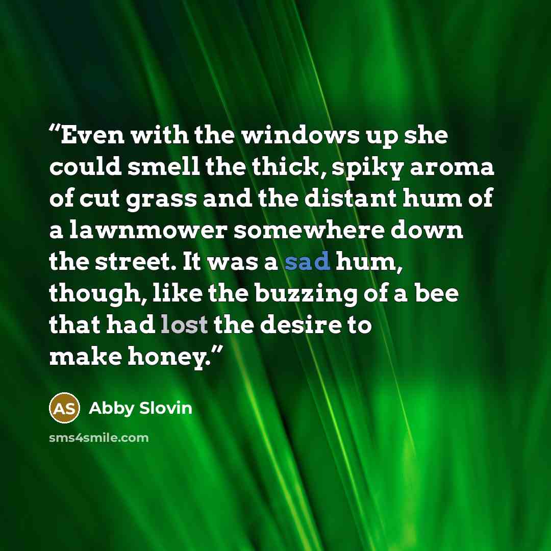 “Even with the windows up she could smell the thick, spiky aroma of cut grass and the distant hum of a lawnmower somewhere down the street. It was a sad hum, though, like the buzzing of a bee that had lost the desire to make honey.” quote by Abby Slovin