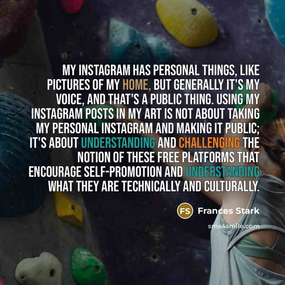 “My Instagram has personal things, like pictures of my home, but generally it's my voice, and that's a public thing. Using my Instagram posts in my art is not about taking my personal Instagram and making it public; it's about understanding and challenging the notion of these free platforms that…” quote by Frances Stark